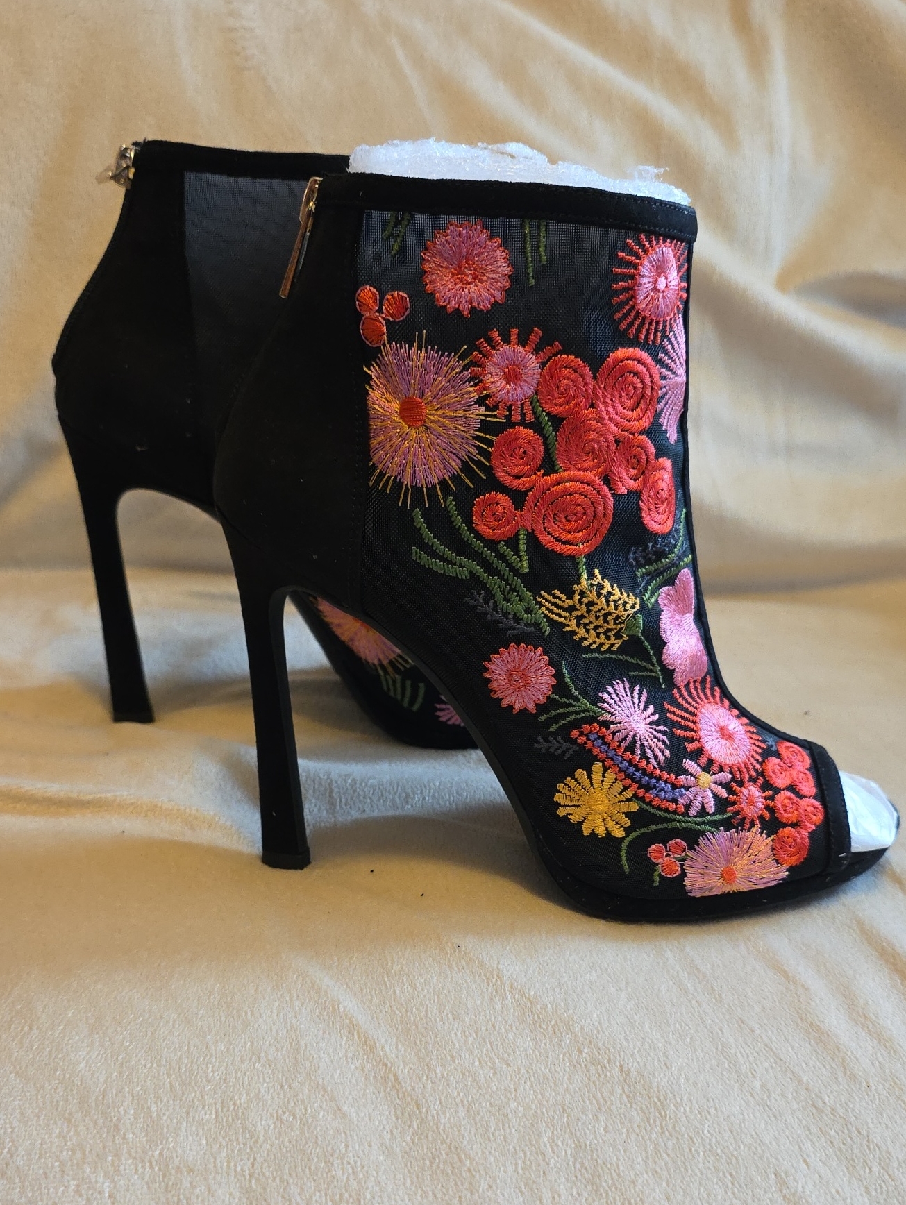 Jessica Simpson Black Embroidered Floral Peep-Toe Stiletto Booties